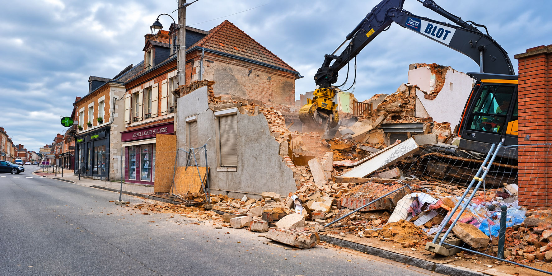 Démolition d’un bâtiment en centre-ville de La Ferté-Saint-Aubin par BLOT