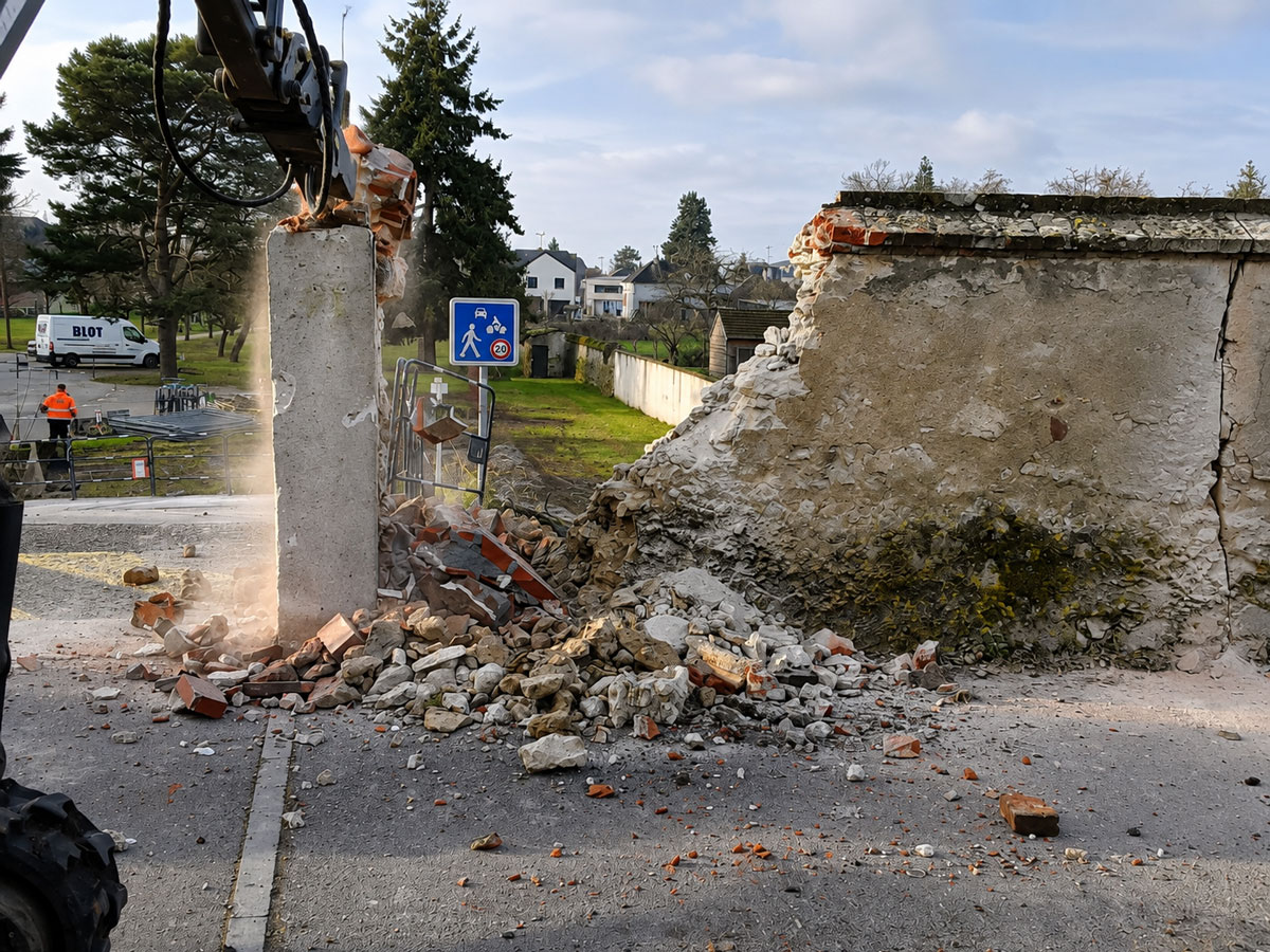 Démolition d’un mur existant pour créer l’accès au chantier de la maison de santé de Saint-Jean-le-Blanc